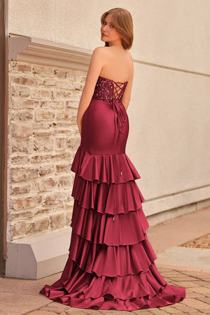 Charming Mermaid Strapless Pink Satin Long Prom Dresses with Appliques - KISSPROM PROM DRESSES