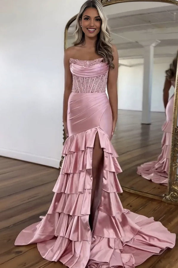 Yvonne | Charming Mermaid Strapless Dusty Pink Satin Long Prom Dresses with Appliques -KissProm