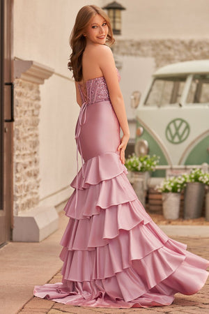 Charming Mermaid Strapless Pink Satin Long Prom Dresses with Appliques - KISSPROM PROM DRESSES