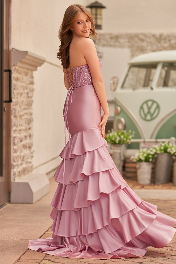 Charming Mermaid Strapless Pink Satin Long Prom Dresses with Appliques - KISSPROM PROM DRESSES