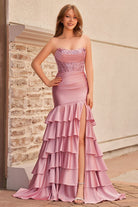 Yvonne | Charming Mermaid Strapless Pink Satin Long Prom Dresses with Appliques - KissProm