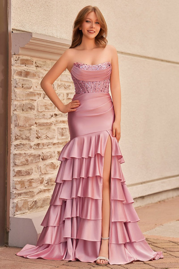 Charming Mermaid Strapless Pink Satin Long Prom Dresses with Appliques - KISSPROM PROM DRESSES