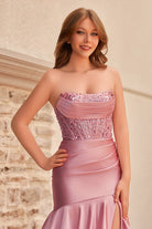 Yvonne | Charming Mermaid Strapless Pink Satin Long Prom Dresses with Appliques - KissProm