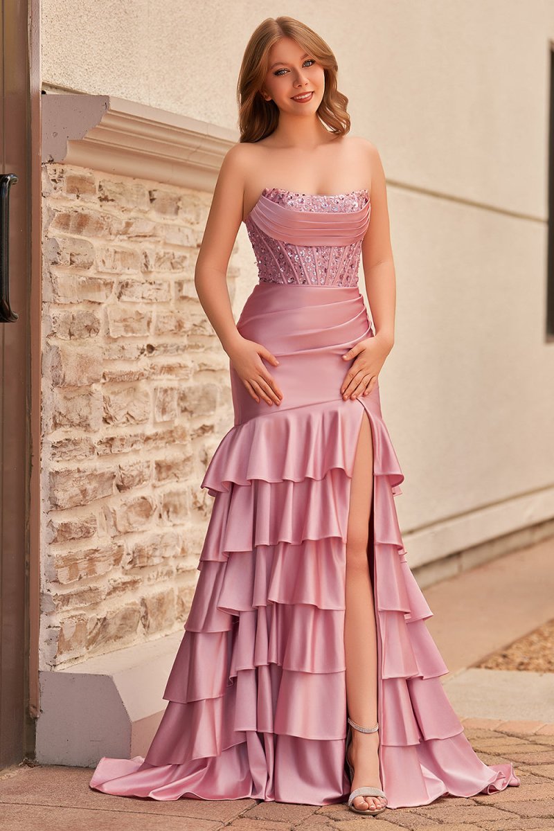 Yvonne | Charming Mermaid Strapless Pink Satin Long Prom Dresses with Appliques - KissProm