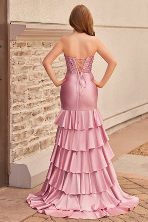 Charming Mermaid Strapless Pink Satin Long Prom Dresses with Appliques - KISSPROM PROM DRESSES