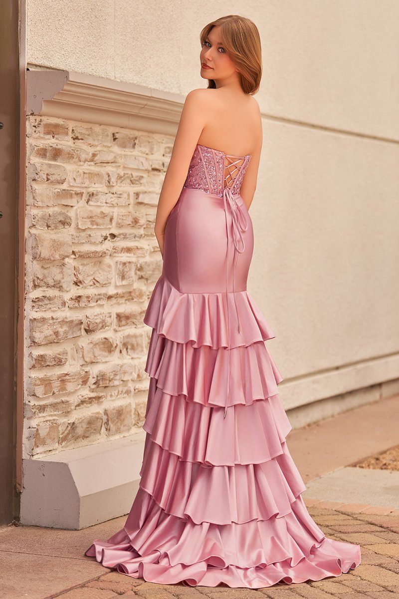 Yvonne | Charming Mermaid Strapless Pink Satin Long Prom Dresses with Appliques - KissProm