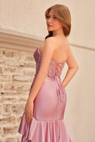 Yvonne | Charming Mermaid Strapless Pink Satin Long Prom Dresses with Appliques - KissProm