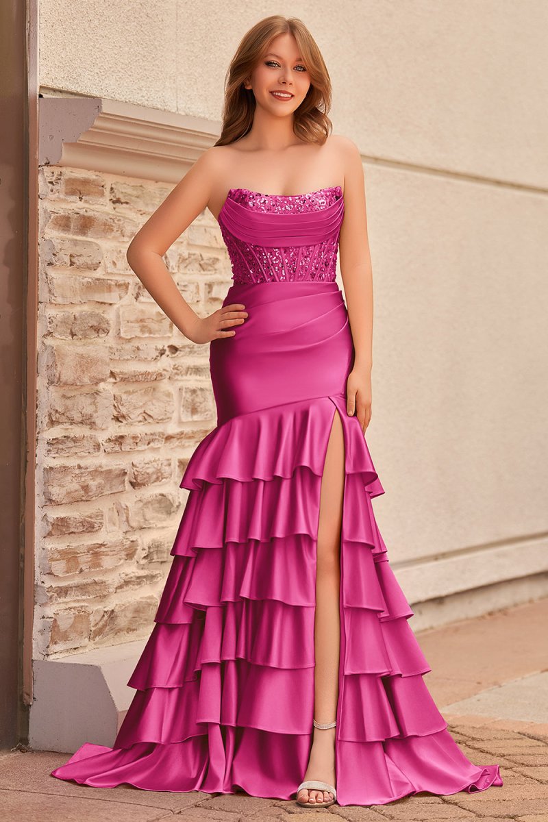 Yvonne | Charming Mermaid Strapless Pink Satin Long Prom Dresses with Appliques - KissProm