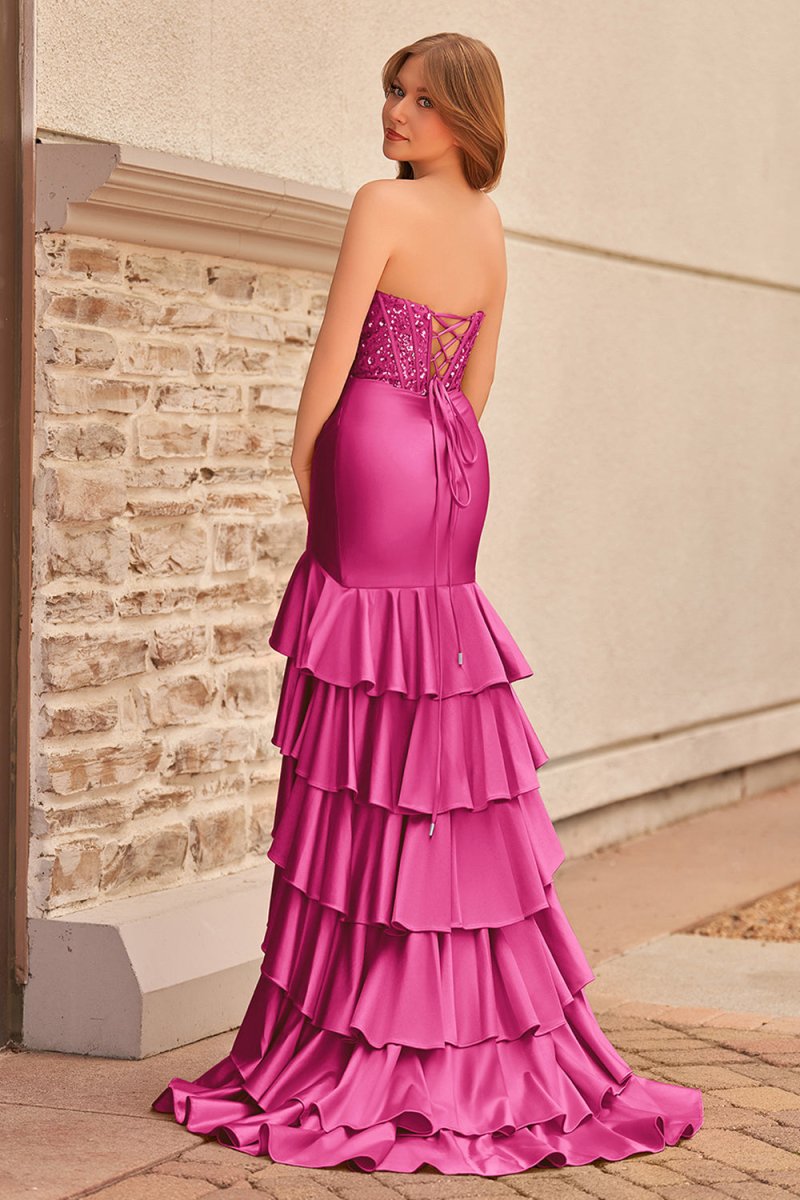 Yvonne | Charming Mermaid Strapless Pink Satin Long Prom Dresses with Appliques - KissProm