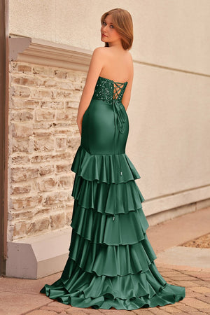 Charming Mermaid Strapless Pink Satin Long Prom Dresses with Appliques - KISSPROM PROM DRESSES