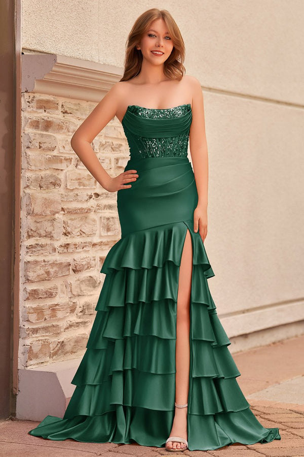 Charming Mermaid Strapless Pink Satin Long Prom Dresses with Appliques - KISSPROM PROM DRESSES