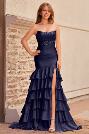 Charming Mermaid Strapless Pink Satin Long Prom Dresses with Appliques - KISSPROM PROM DRESSES