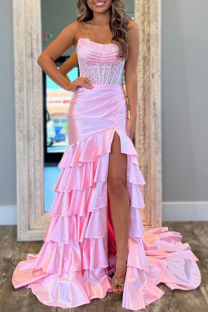 Yvonne | Charming Mermaid Strapless Pink Satin Long Prom Dresses with Appliques -KissProm