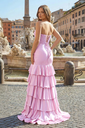 KissProm- Charming Mermaid Strapless Pink Satin Long Prom Dresses with Appliques