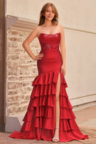 Yvonne | Charming Mermaid Strapless Pink Satin Long Prom Dresses with Appliques - KissProm