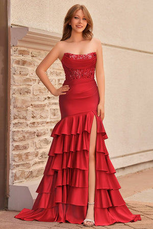 Charming Mermaid Strapless Pink Satin Long Prom Dresses with Appliques - KISSPROM PROM DRESSES
