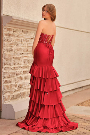 Charming Mermaid Strapless Pink Satin Long Prom Dresses with Appliques - KISSPROM PROM DRESSES