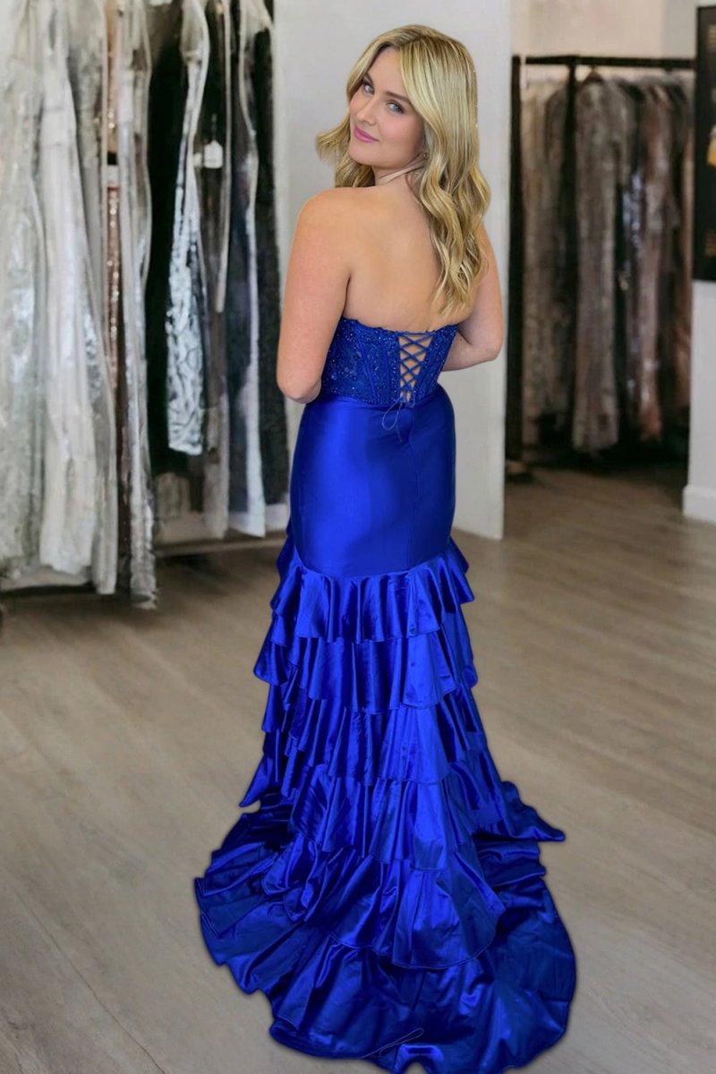 Yvonne | Charming Mermaid Strapless Pink Satin Long Prom Dresses with Appliques - KissProm