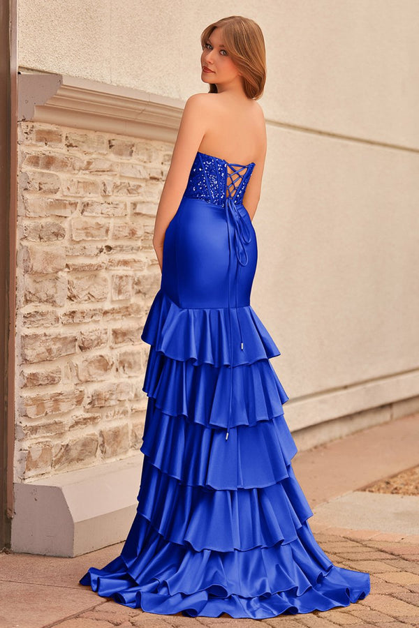 Charming Mermaid Strapless Pink Satin Long Prom Dresses with Appliques - KISSPROM PROM DRESSES