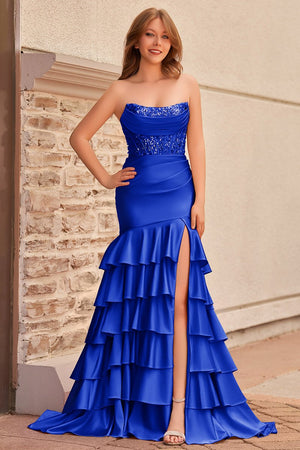Charming Mermaid Strapless Pink Satin Long Prom Dresses with Appliques - KISSPROM PROM DRESSES