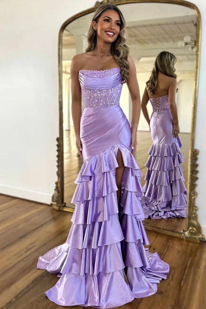 Yvonne | Charming Mermaid Strapless Lavender Satin Long Prom Dresses with Appliques -KissProm