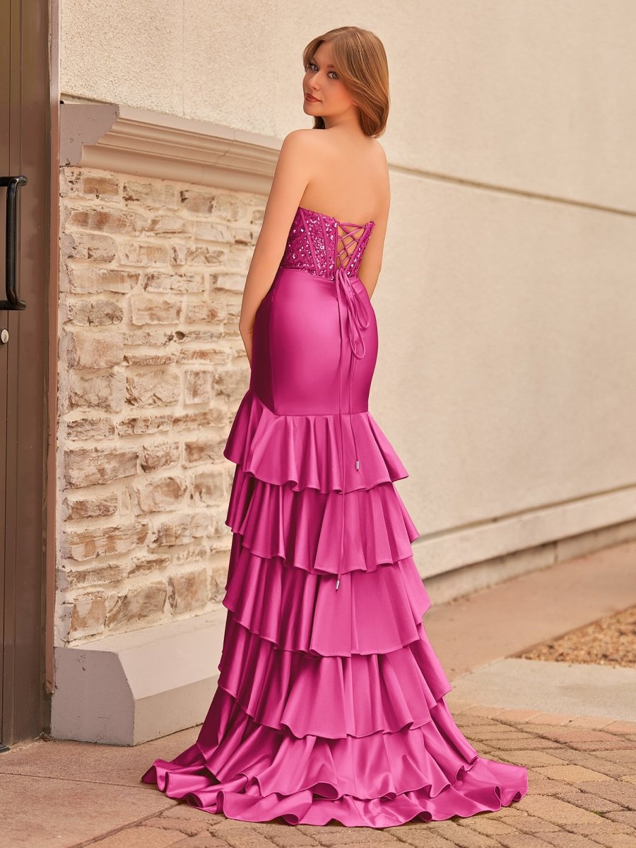 Yvonne | Charming Mermaid Strapless Pink Satin Long Prom Dresses with Appliques - KissProm