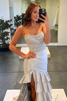 Yvonne | Charming Mermaid Strapless Pink Satin Long Prom Dresses with Appliques - KissProm