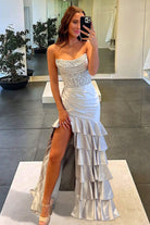 Yvonne | Charming Mermaid Strapless Pink Satin Long Prom Dresses with Appliques - KissProm