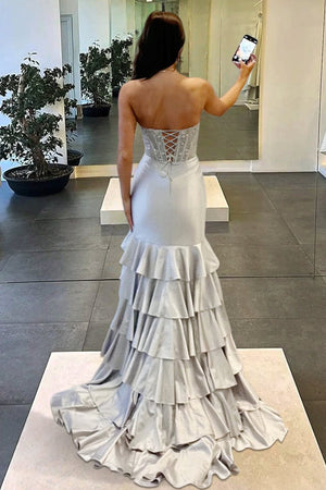 Yvonne | Charming Mermaid Strapless Pink Satin Long Prom Dresses with Appliques - KissProm