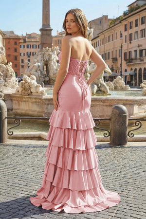 Charming Mermaid Strapless Pink Satin Long Prom Dresses with Appliques - KISSPROM PROM DRESSES