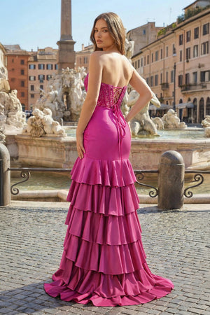 Charming Mermaid Strapless Pink Satin Long Prom Dresses with Appliques - KISSPROM PROM DRESSES