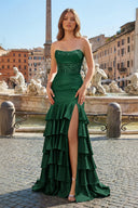 Charming Mermaid Strapless Pink Satin Long Prom Dresses with Appliques - KISSPROM PROM DRESSES