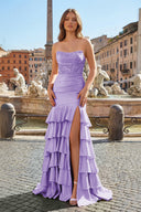 Charming Mermaid Strapless Pink Satin Long Prom Dresses with Appliques - KISSPROM PROM DRESSES
