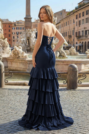 Charming Mermaid Strapless Pink Satin Long Prom Dresses with Appliques - KISSPROM PROM DRESSES