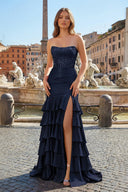 Charming Mermaid Strapless Pink Satin Long Prom Dresses with Appliques - KISSPROM PROM DRESSES