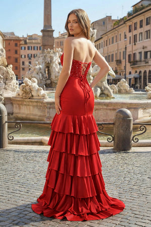 Charming Mermaid Strapless Pink Satin Long Prom Dresses with Appliques - KISSPROM PROM DRESSES
