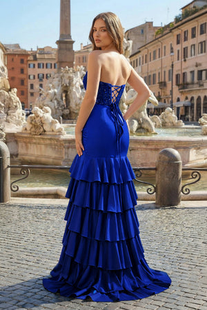 Charming Mermaid Strapless Pink Satin Long Prom Dresses with Appliques - KISSPROM PROM DRESSES