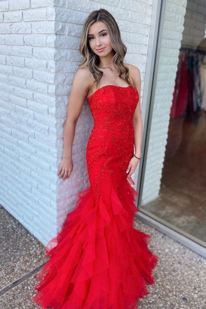 Zabelle | Strapless Mermaid Red Lace Long Prom Dresses with Ruffles - KissProm
