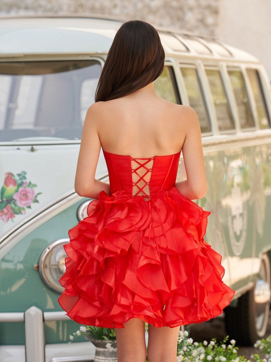 Zafrina | Red - A Line Strapless Corset Ruffles Short Homecoming Dresses with Bows