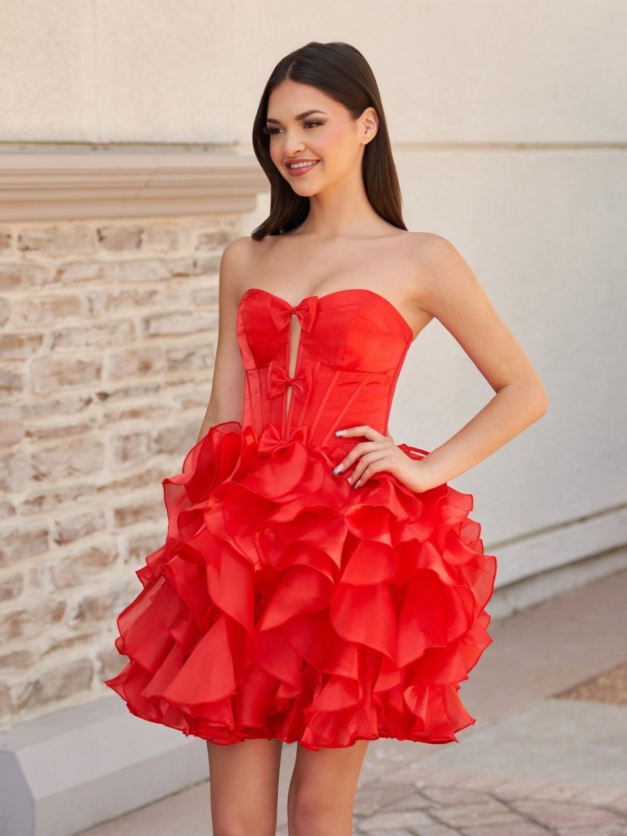 Zafrina | Red - A Line Strapless Corset Ruffles Short Homecoming Dresses with Bows