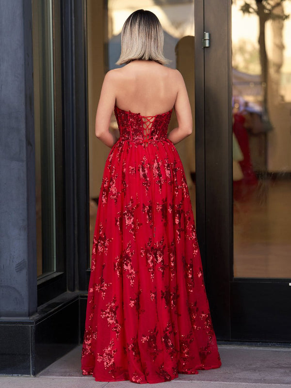 KissProm-Zara Red A Line Strapless Pleating Long Prom Dress With Applique