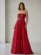 Zara | Red - A Line Strapless Pleating Long Prom Dress With Applique - KissProm
