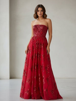 Zara | Red - A Line Strapless Pleating Long Prom Dress With Applique - KissProm
