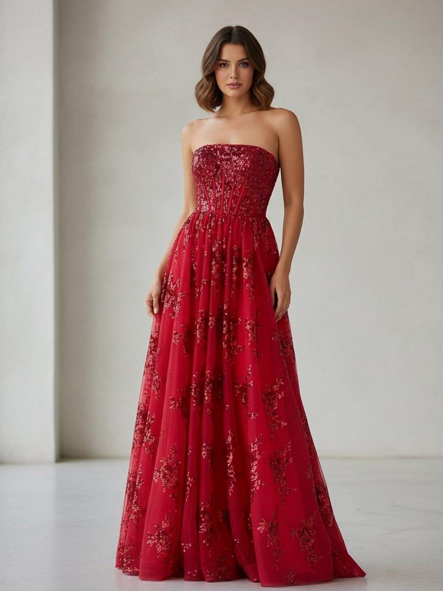 Zara | Red - A Line Strapless Pleating Long Prom Dress With Applique - KissProm