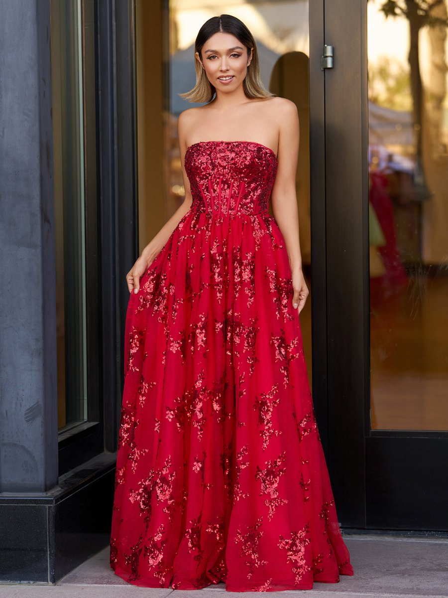 KissProm-Zara Red A Line Strapless Pleating Long Prom Dress With Applique