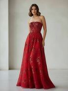 Zara | Red - A Line Strapless Pleating Long Prom Dress With Applique - KissProm