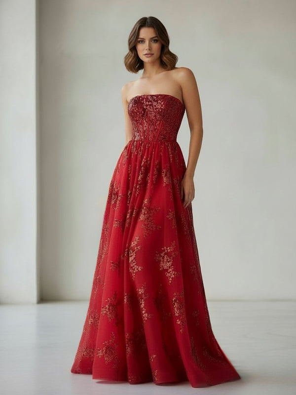 Zara | Red - A Line Strapless Pleating Long Prom Dress With Applique - KissProm