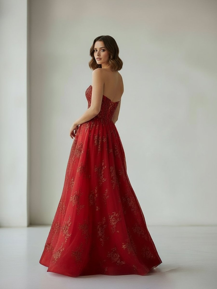 Red - A Line Strapless Pleating Long Prom Dress With Applique, Red / 2 Red - A Line Strapless Pleating Long Prom Dress With Applique, Red / 2