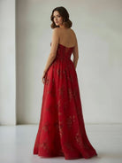 Zara | Red - A Line Strapless Pleating Long Prom Dress With Applique - KissProm