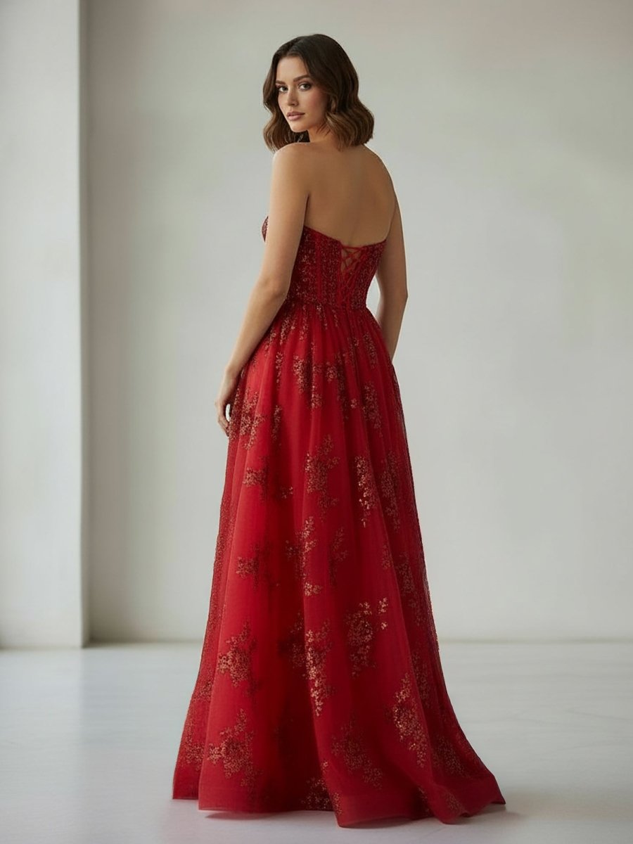 Zara | Red - A Line Strapless Pleating Long Prom Dress With Applique - KissProm
